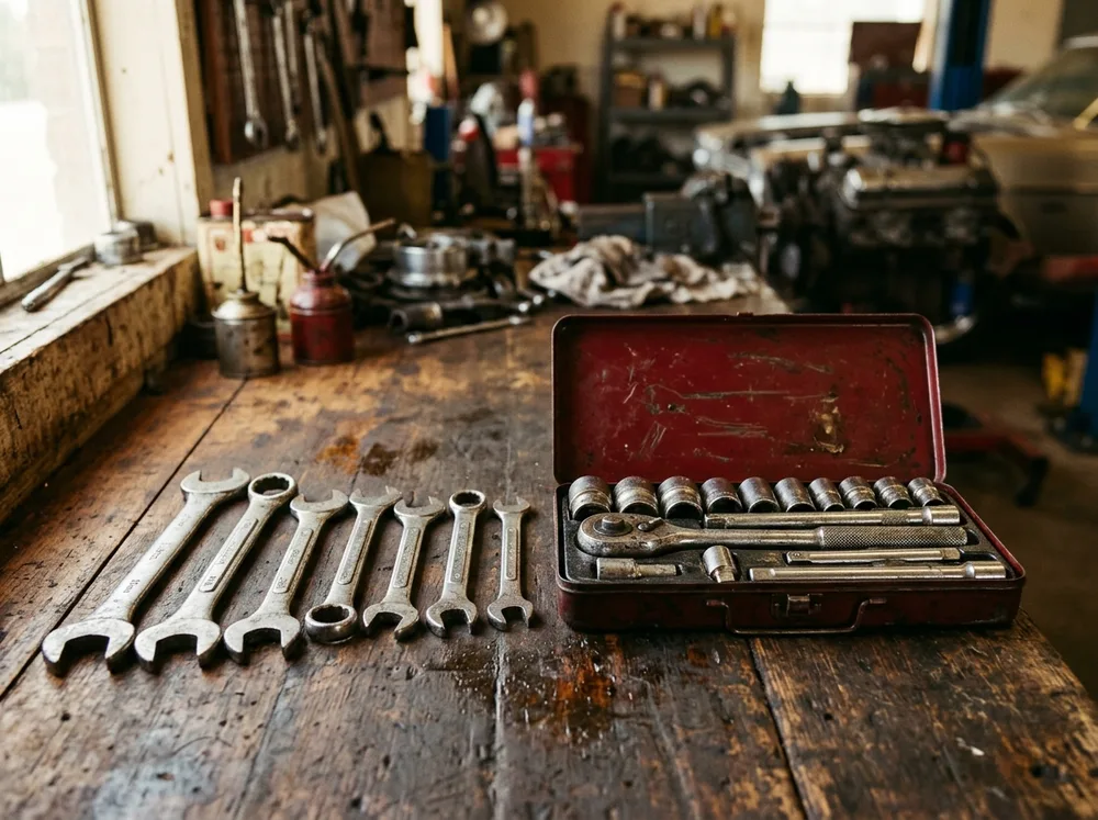 Gereedschap op de werkbank in de werkplaats