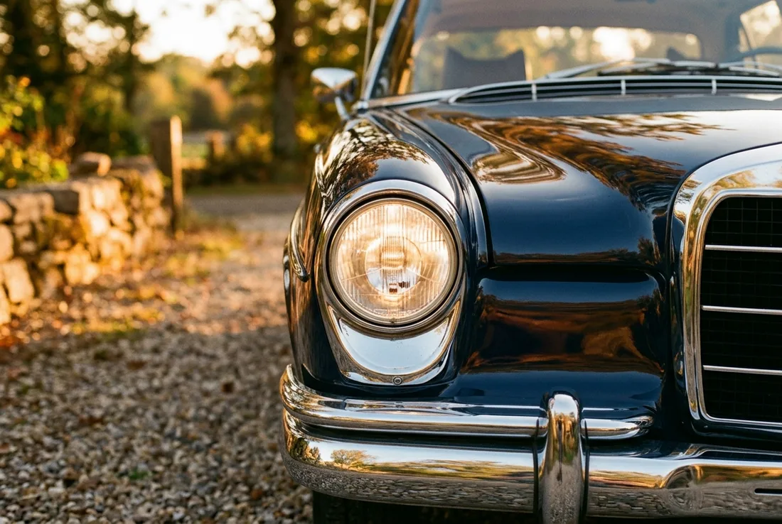 Chroomdetail van een klassieke auto in avondlicht